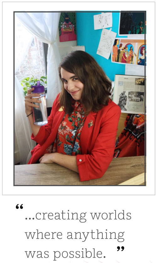 Person sitting at a desk, holding a water bottle, wearing a red jacket. Behind them is a blue wall with various drawings. Text below reads, "...creating worlds where anything was possible.