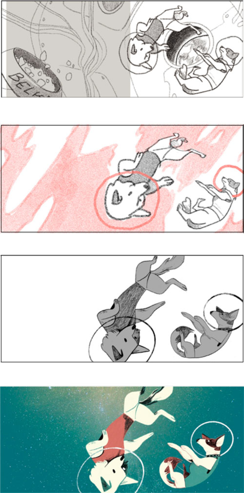 Four panels show two astronauts in animal form (possibly a rabbit and a fox) floating in space with different backgrounds, including stars and abstract designs.