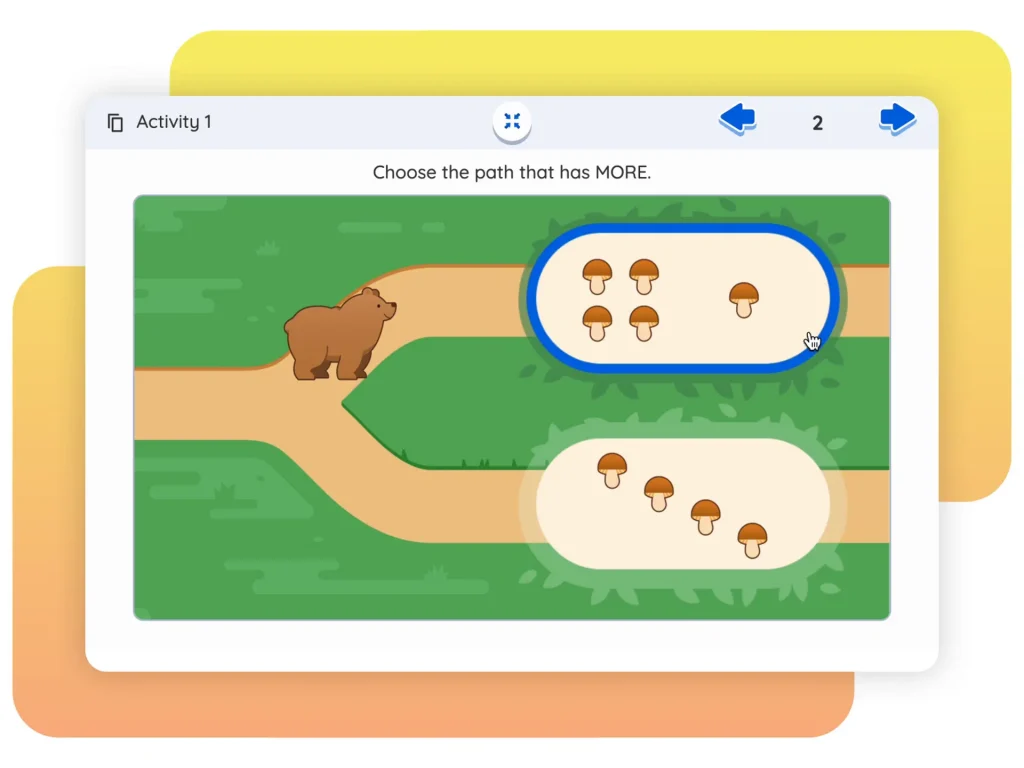 A bear approaches a fork in the path. One path has a group of five mushrooms; the other has four. The caption states, "Choose the path that has MORE.