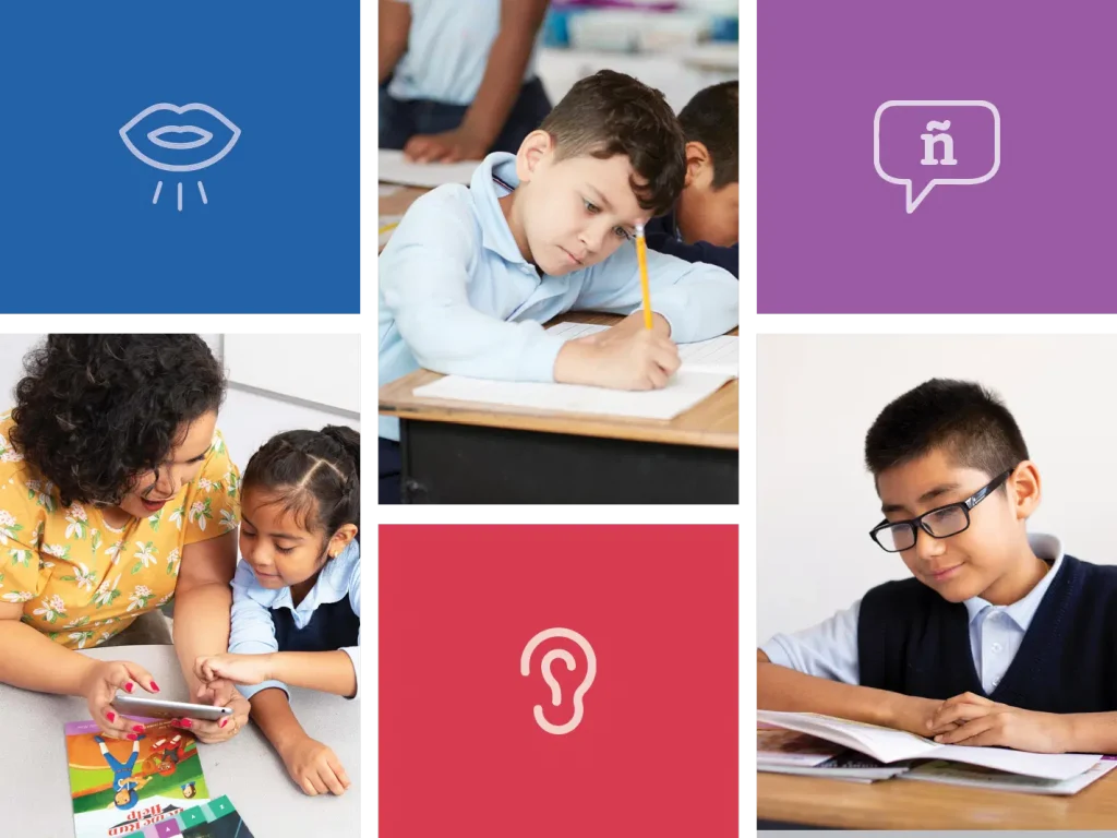 A collage of children learning in a classroom, featuring a teacher helping a student, symbols of a mouth and ear, and a speech bubble with a tilde.