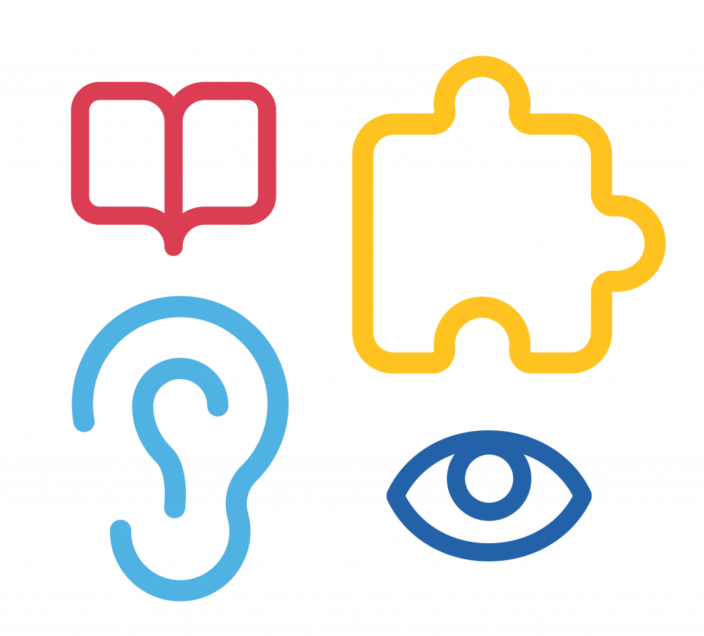 Icons of a red open book, yellow puzzle piece, blue ear, and blue eye on a black background.