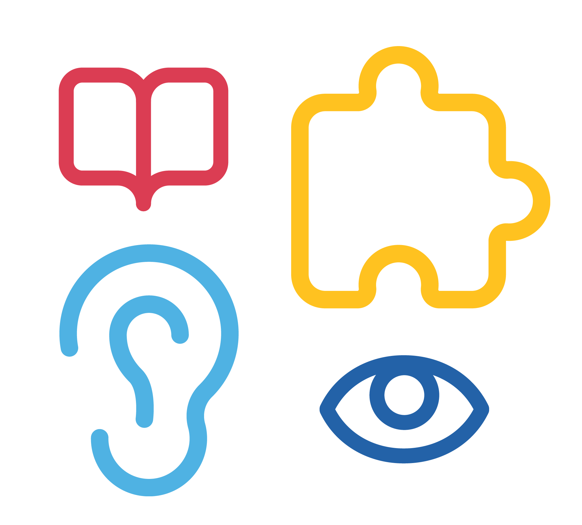 Icons of a red open book, yellow puzzle piece, blue ear, and blue eye on a black background.