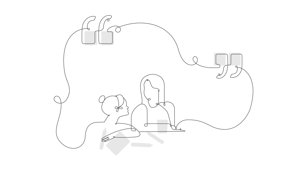 Two outlined figures sit with laptops, surrounded by abstract lines and speech bubbles on a black background.