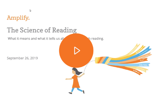 Illustration of a girl running with a colorful kite, overlaid on text: "Amplify. The Science of Reading" and a play button symbol on a white background.