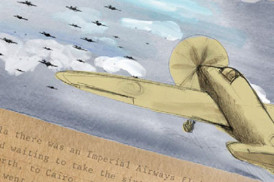 Illustration of a vintage airplane flying in the sky with several smaller planes in the background and text overlay at the bottom.