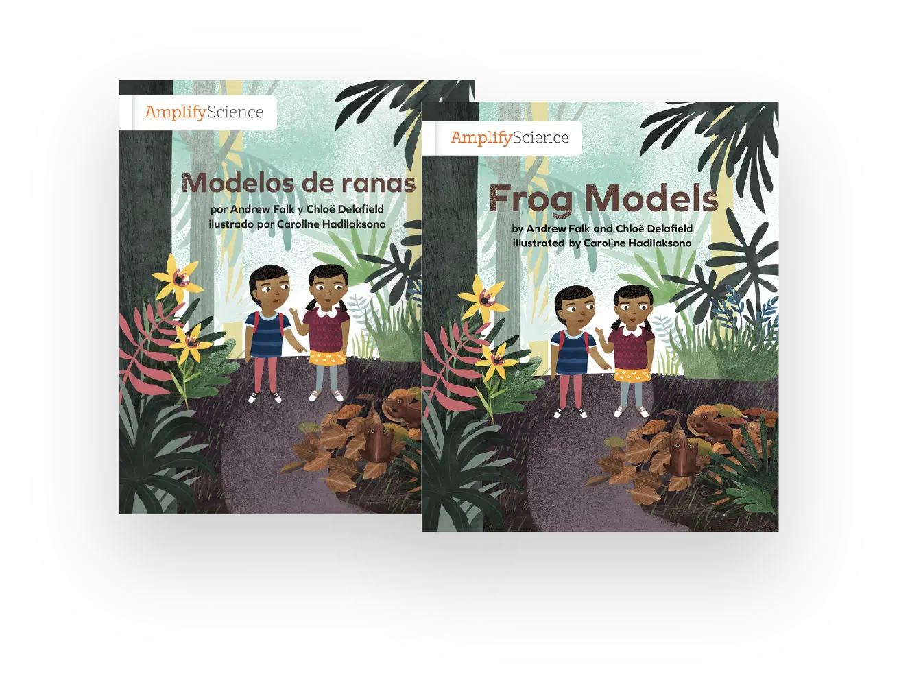 Two children stand in a jungle with plants, rocks, and frogs on the covers of two science books titled "Modelos de ranas" and "Frog Models.