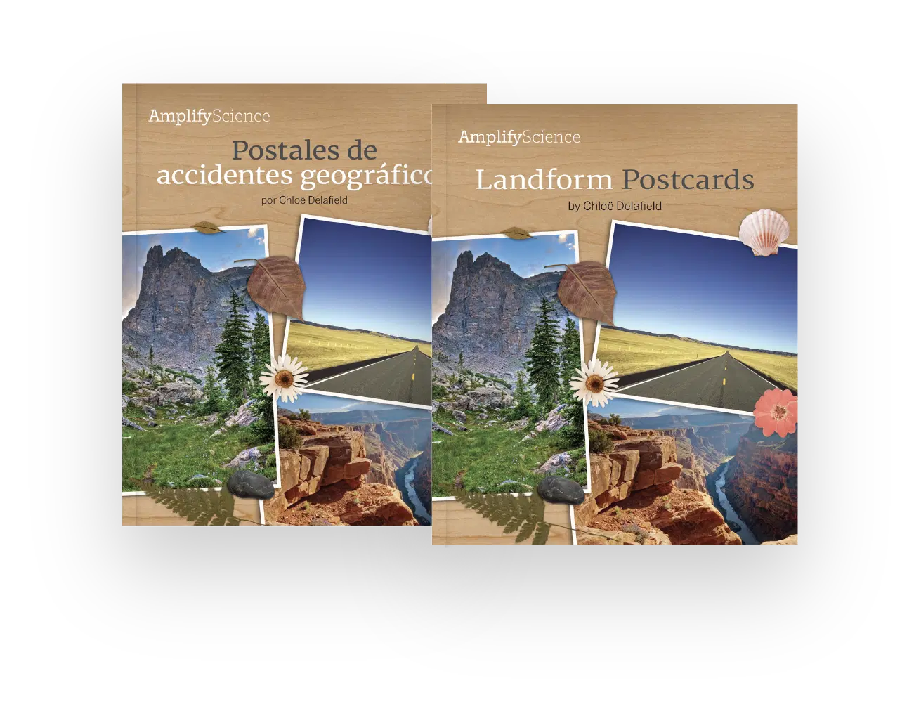 Two science textbooks titled "Postales de accidentes geográficos" and "Landform Postcards," both featuring landscapes and natural elements on their covers.