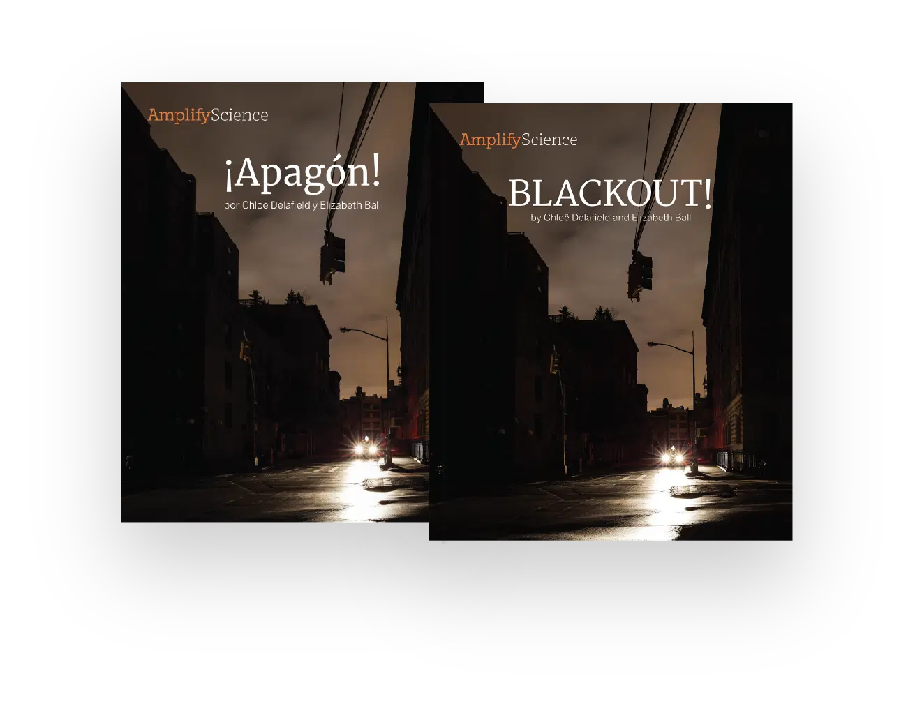 Two book covers titled "¡Apagón!" and "BLACKOUT!" show a dark city street with headlights from a car illuminating the scene at night.