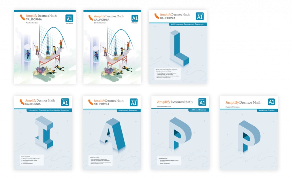 Seven educational book covers labeled "Amplify Desmos Math A1". Each features a unique geometric design, including a roller coaster and various 3D letters.
