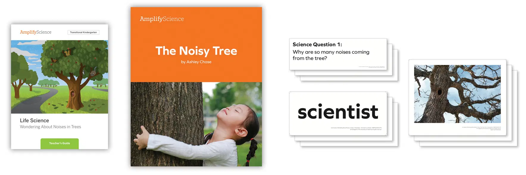 A collection of Amplify Science educational materials, including a teacher's guide, a book titled "The Noisy Tree," science question cards, vocabulary cards, and tree-related images.