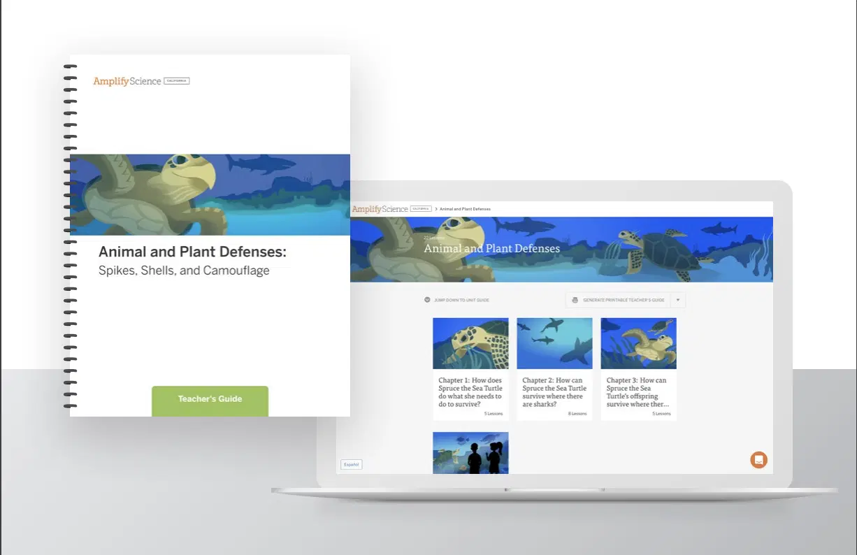 A digital resource titled "Animal and Plant Defenses: Spikes, Shells, and Camouflage" is displayed on a tablet and a laptop, showing educational chapters and illustrations.
