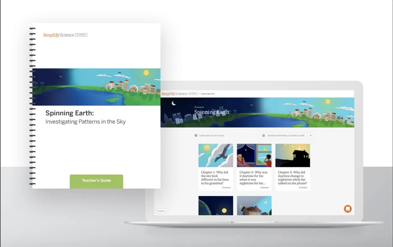 A spiral-bound teacher's guide and a laptop screen both display "Spinning Earth: Investigating Patterns in the Sky" educational materials with illustrated covers and chapter thumbnails.