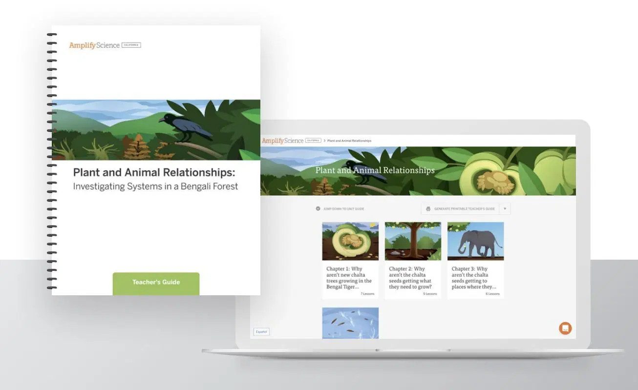A spiral-bound teacher’s guide and a laptop display titled “Plant and Animal Relationships: Investigating Systems in a Bengali Forest” with illustrated covers and lesson modules.