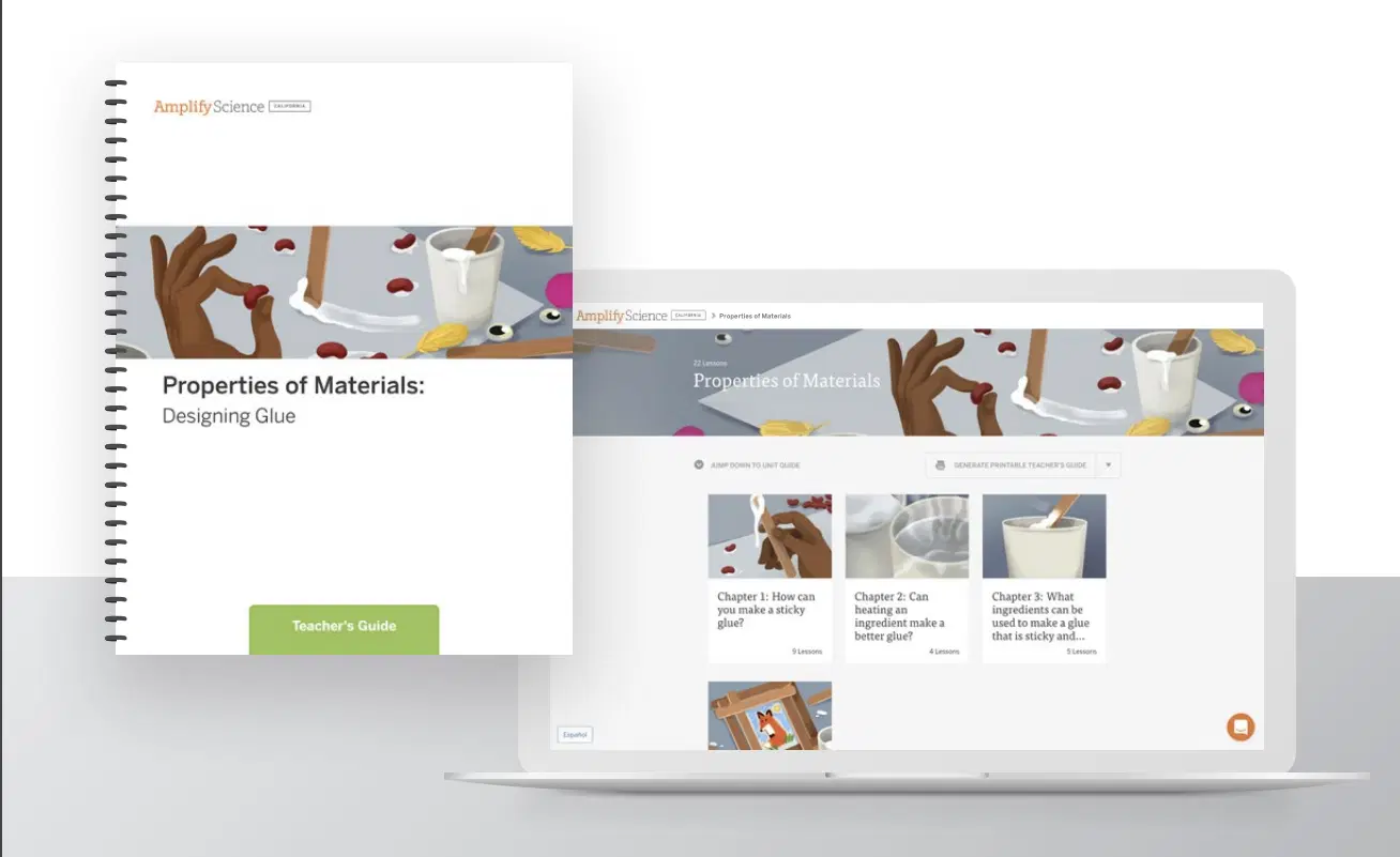A spiral-bound teacher’s guide titled “Properties of Materials: Designing Glue” is shown next to a laptop displaying related online lesson content.