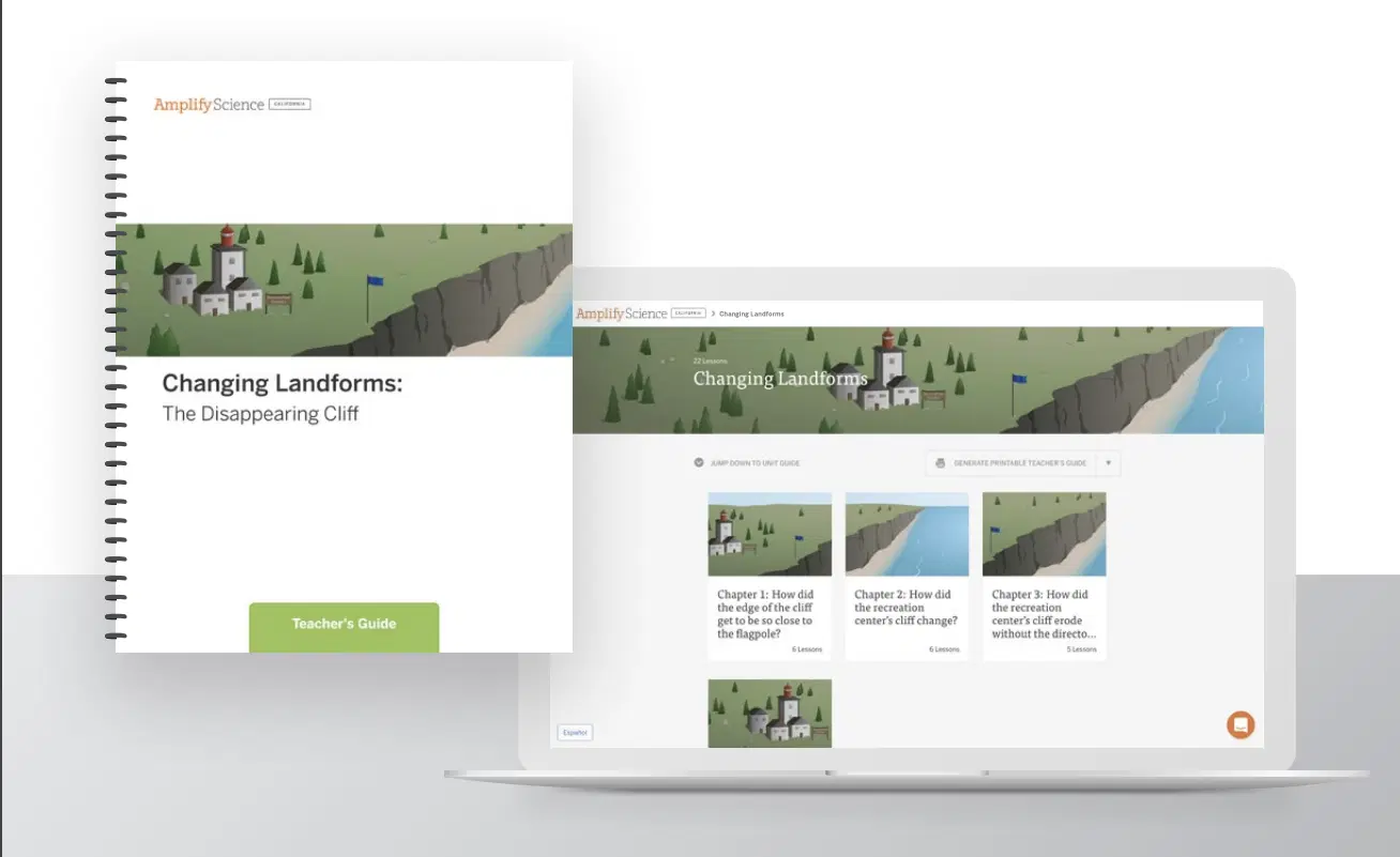 A teacher’s guide booklet and a laptop displaying online modules for “Changing Landforms: The Disappearing Cliff,” both featuring illustrated landscapes.