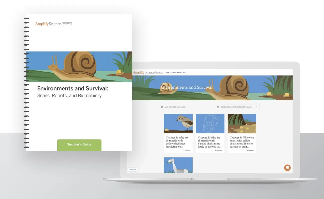 A spiral-bound teacher's guide and a laptop display both show the cover of "Environments and Survival: Snails, Robots, and Biomimicry" with an illustrated snail in a natural setting.