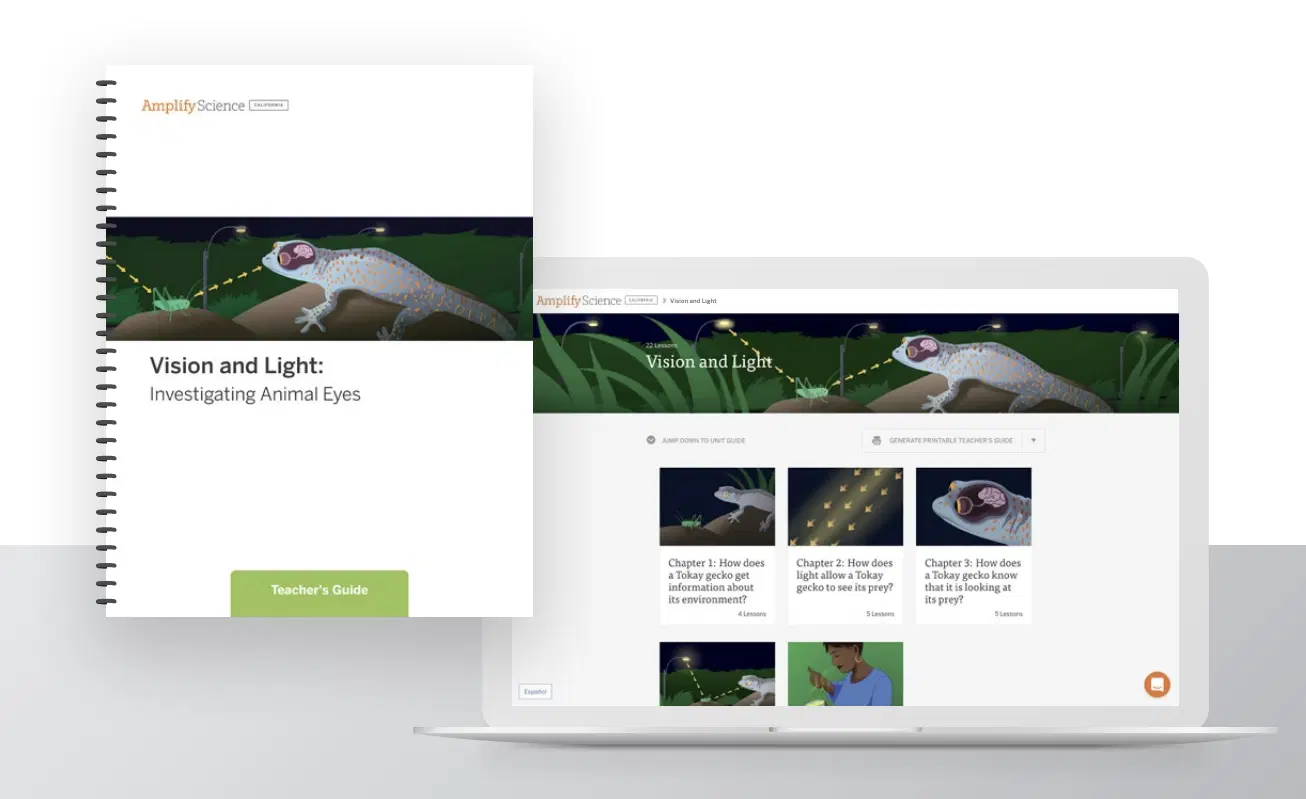 A spiral-bound teacher’s guide and a laptop displaying a digital interface, both titled “Vision and Light: Investigating Animal Eyes” from Amplify Science.