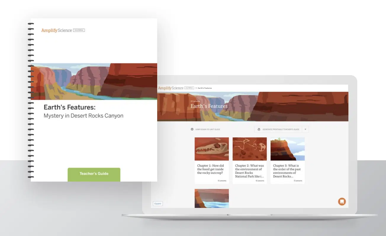 A teacher’s guide notebook and a laptop screen display educational materials titled "Earth’s Features: Mystery in Desert Rocks Canyon" with illustrated canyon graphics.