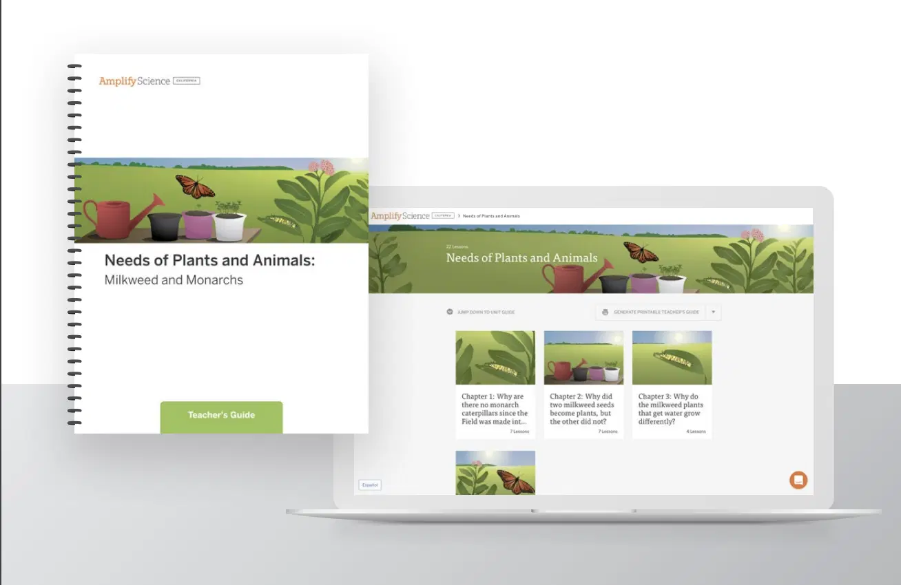 Printed teacher’s guide and laptop displaying the "Needs of Plants and Animals: Milkweed and Monarchs" science unit cover and lesson modules on a white surface.