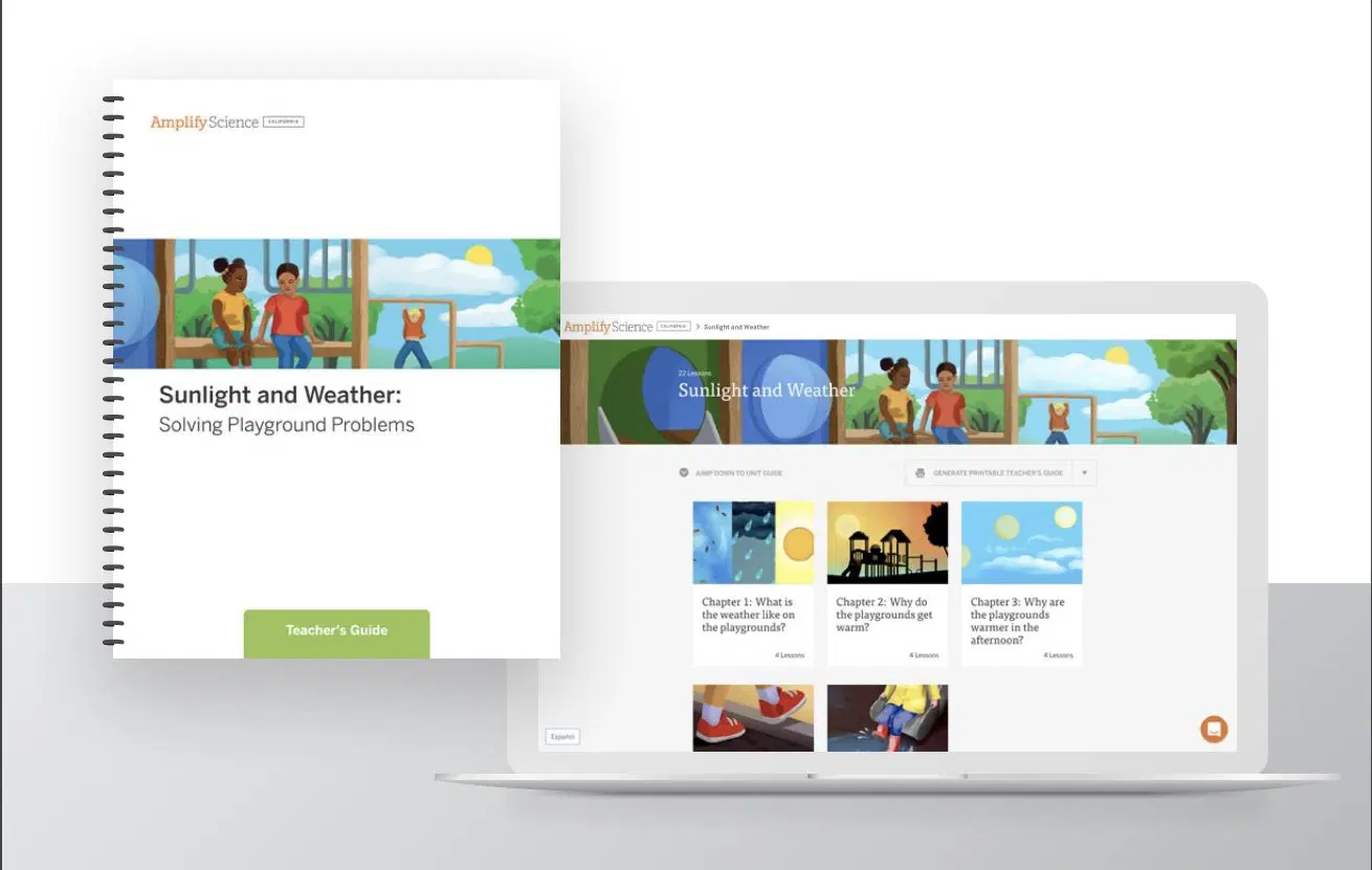 A spiral-bound teacher’s guide and a laptop display a digital curriculum titled “Sunlight and Weather: Solving Playground Problems,” with colorful illustrations of children and weather scenes.