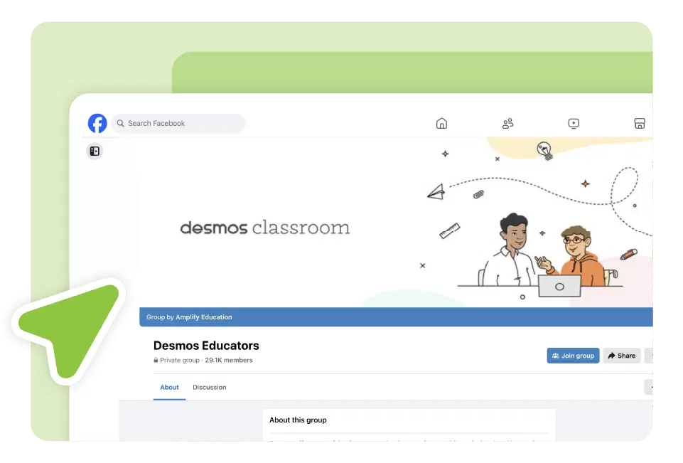 Screenshot of a Facebook group page titled "Desmos Educators" with a banner showing two people using a laptop under the heading "desmos classroom," connecting innovative educators in a vibrant learning community.