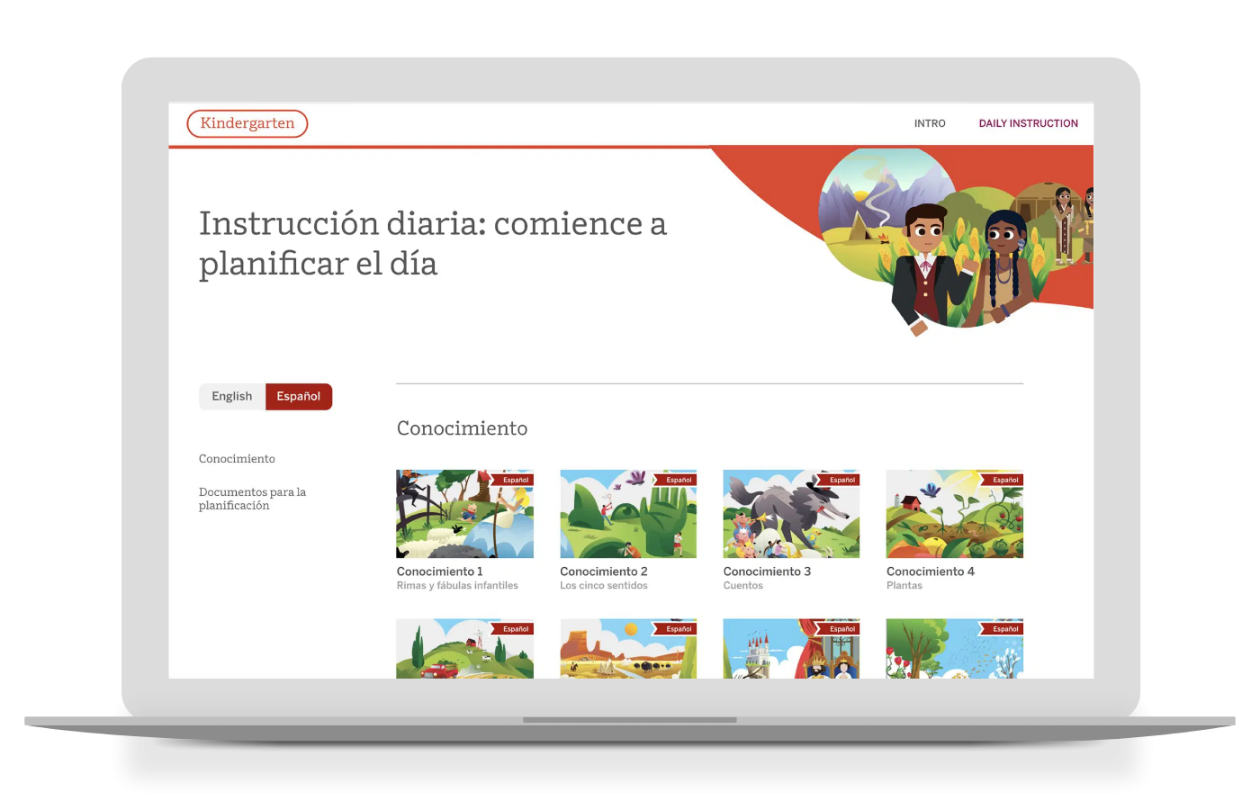 Laptop screen displaying a kindergarten educational website interface with daily instruction in Spanish. Includes thumbnails for lessons on various topics.