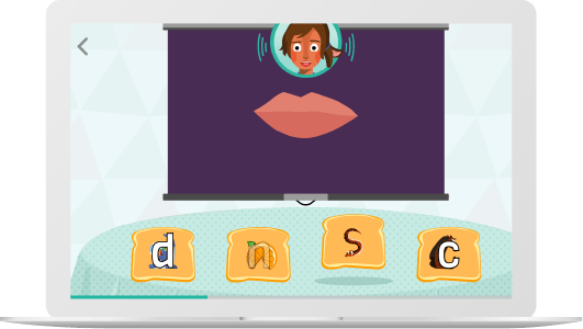 A laptop screen displays a cartoon mouth, a person’s face above it, and four toast-shaped buttons below—ideal for multilanguage practice and engaging English language learners.