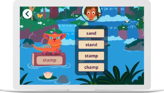 A colorful educational game screen supports English language learners and multilanguage skills, showing a creature on a log labeled "stamp" with four word choices: sand, stand, stamp, and champ. A waterfall and plants are in the background.