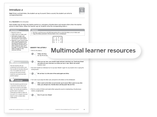 A worksheet page titled "Introduce a" with instructional text, a letter grid activity, support tips, and a section labeled “Challenge,” overlaid by the text “Multimodal learner resources” for multilanguage and English language learners.