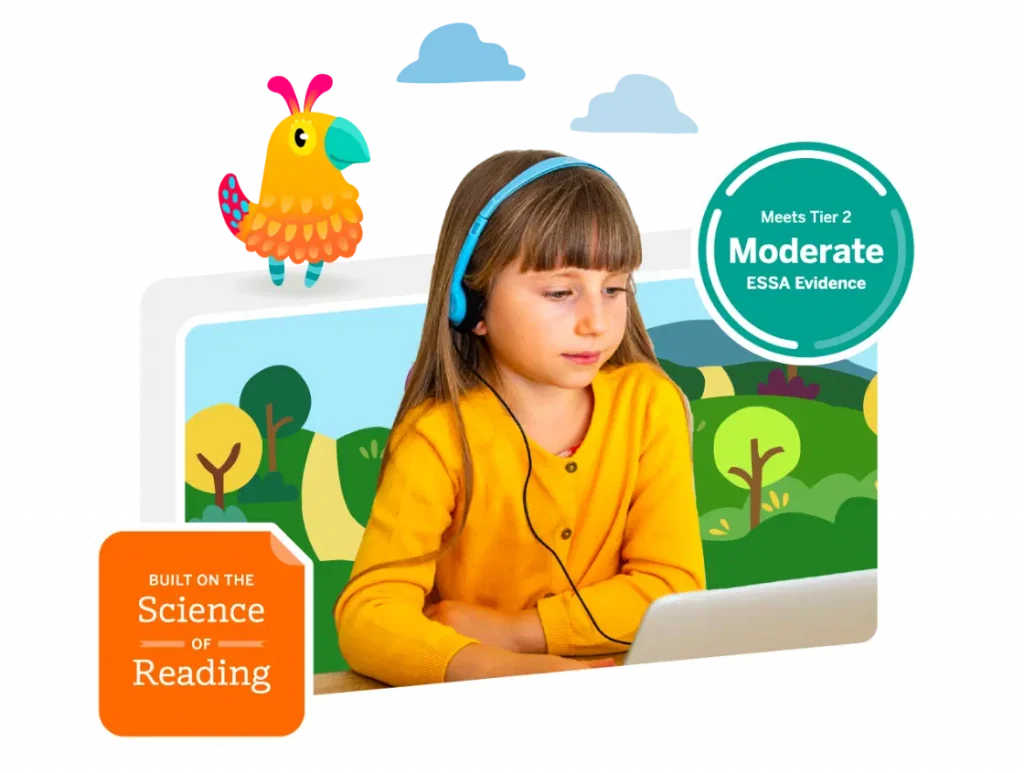 A young girl with headphones uses a laptop, sitting in front of a colorful, illustrated background with trees, clouds, a bird, and Science of Reading and ESSA Evidence badges—perfect for multilanguage and English language learners.