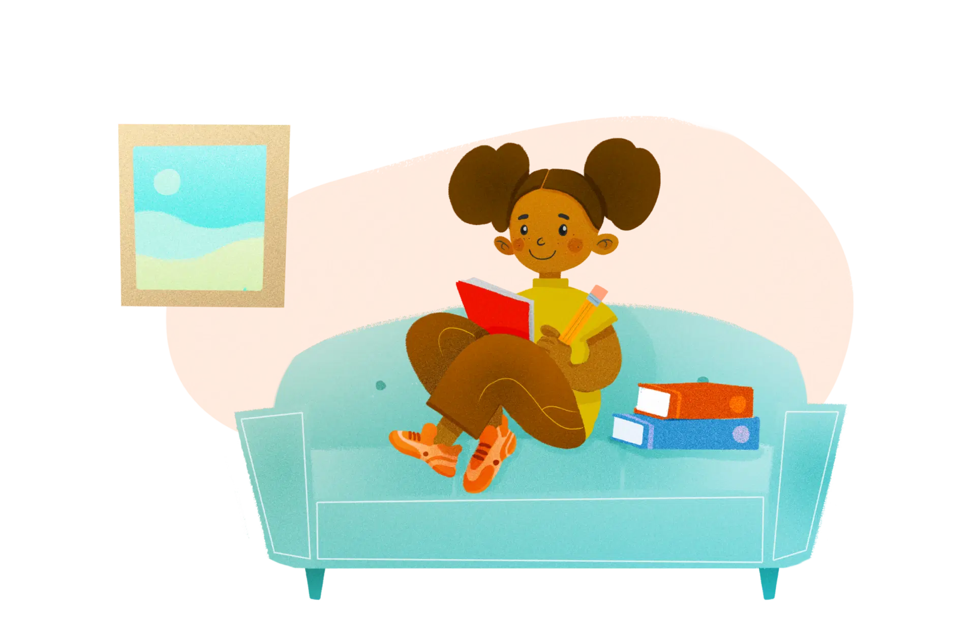 A girl with pigtails sits on a teal couch, writing in a red notebook with a pencil. Three stacked books are beside her, and a picture hangs on the wall.
