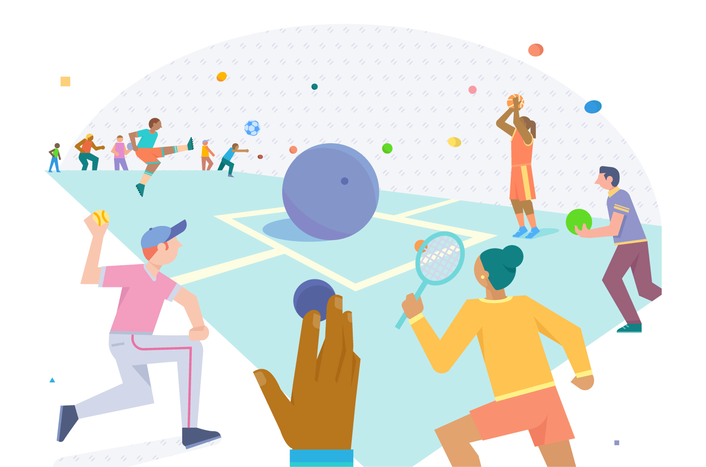 Illustration of people playing various sports, including baseball, soccer, basketball, tennis, and bowling, on a multicolored court.