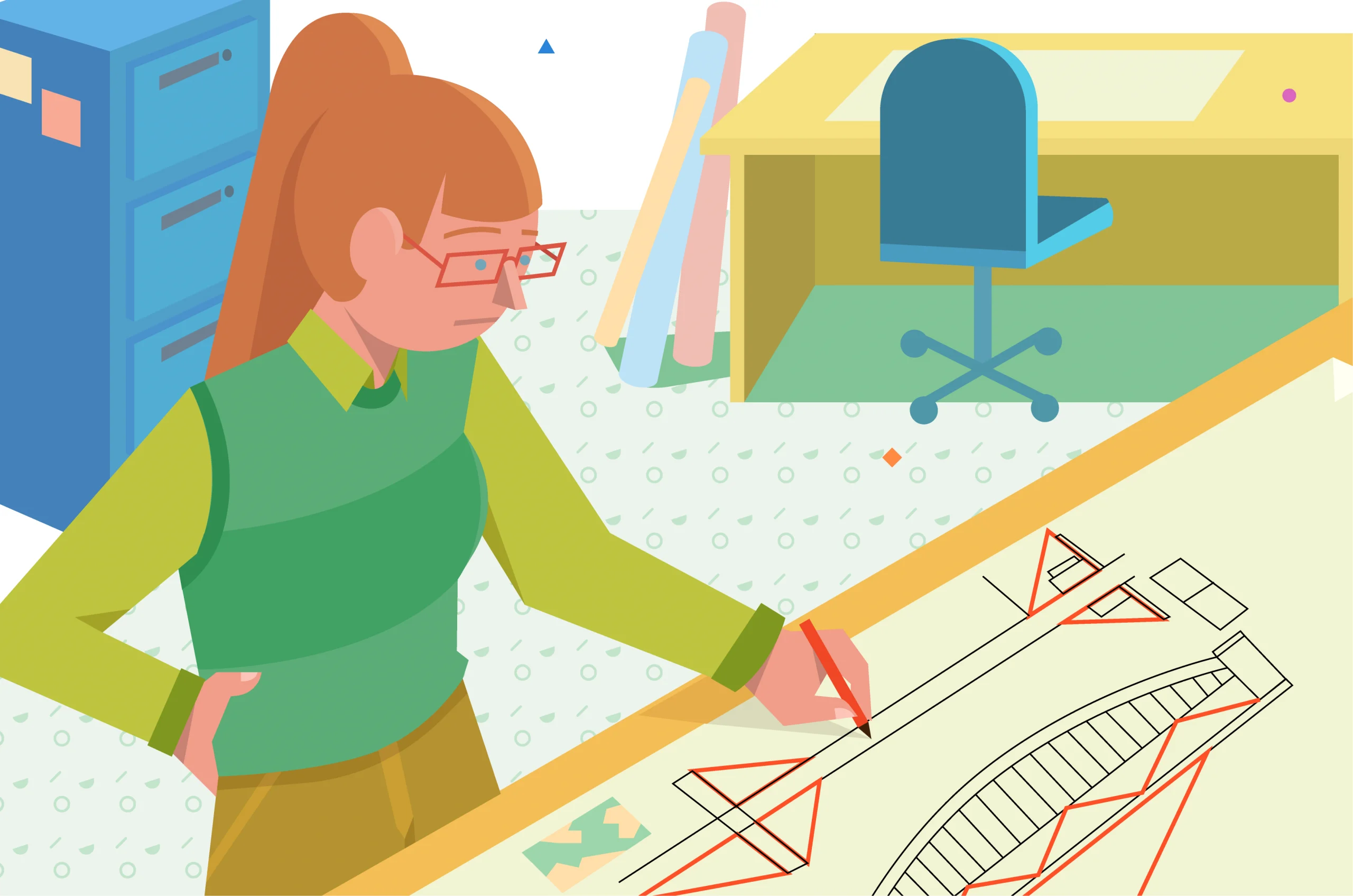 A person with glasses stands at a drafting table, reviewing architectural drawings with red geometric shapes, in an office with a desk, chair, and filing cabinet.
