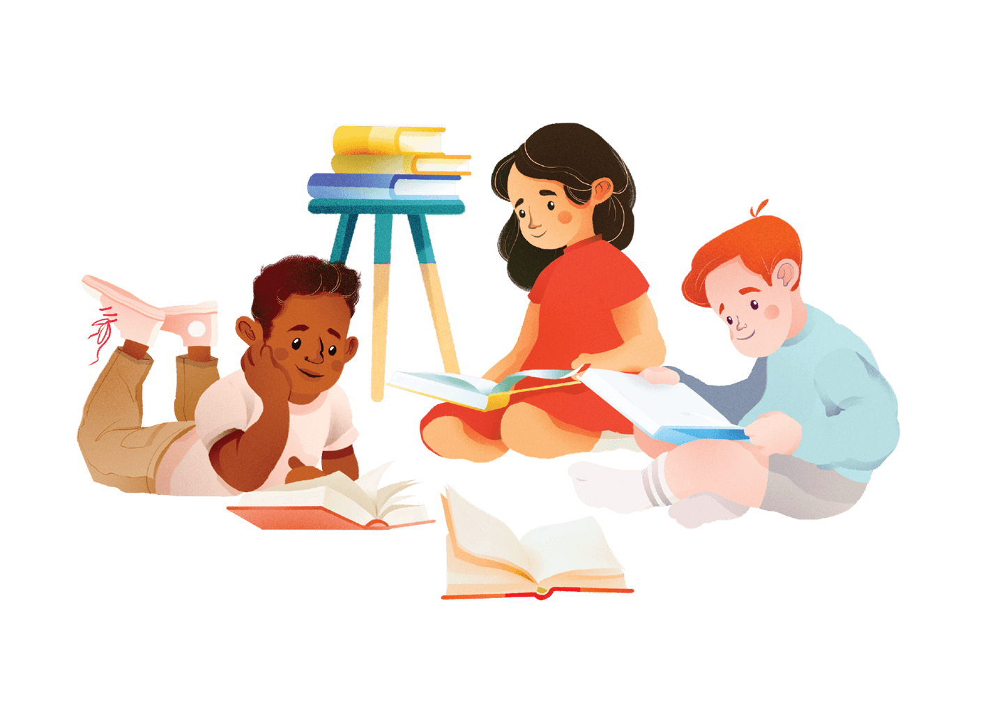 Three children read books together on the floor with a small table and a stack of books in the background.