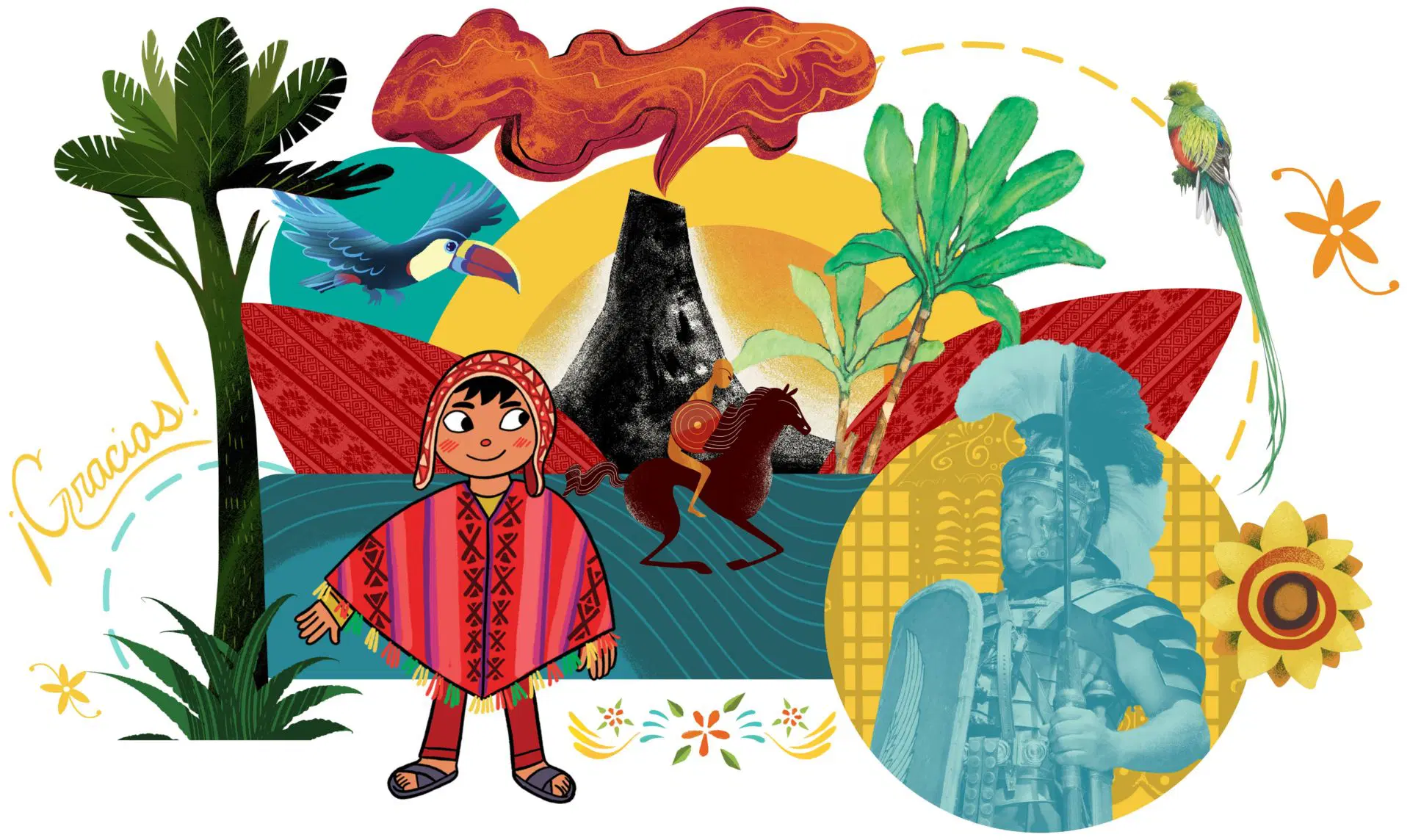 Colorful illustration featuring a child in traditional Andean clothing, tropical plants, a volcano, a toucan, a horse rider, and the word "Gracias!" written in Spanish.