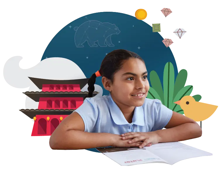 A girl in a blue polo shirt sits at a desk with papers, in front of colorful illustrated backgrounds including a pagoda, bear, plants, and a bird.