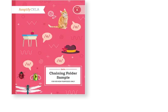 Red educational cover with illustrations of a cat, insects, a hat, and phonetic symbols. Text reads: "Amplify CKLA Skills Chaining Folder Sample For Review Purposes Only.
