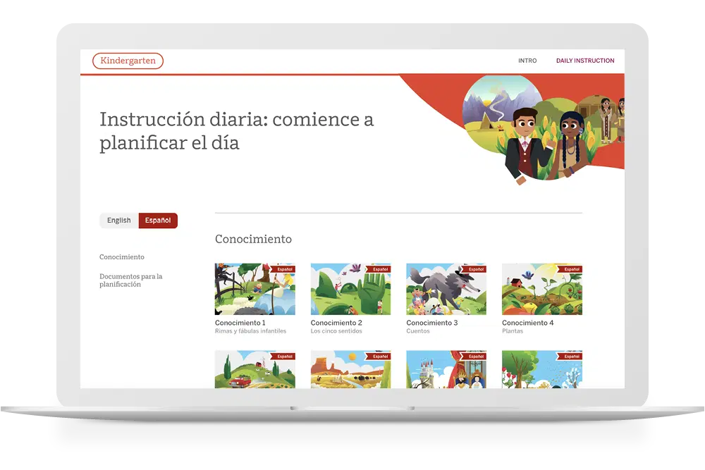 A laptop screen displays a Spanish kindergarten lesson page titled "Instrucción diaria: comience a planificar el día," with knowledge units shown as illustrated cards.