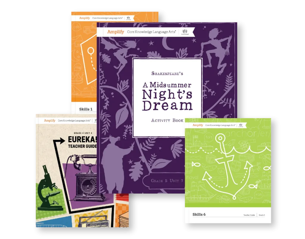 A collection of colorful educational books, including a shakespeare activity book and various teacher's guides, displayed with subjects like language arts and skills.