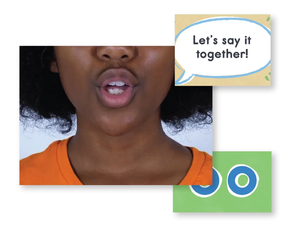 Close-up of a woman's lower face speaking, with a speech bubble saying "let's say it together!" and abstract shapes in the background.