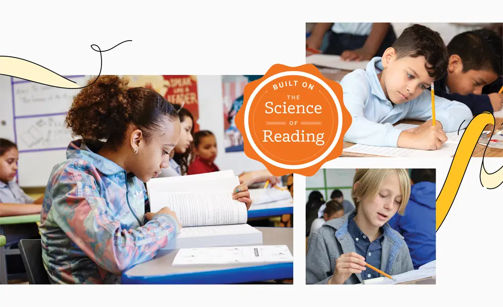 Students in a classroom focus on reading and writing tasks. An orange badge with the text "Built on the Science of Reading" is displayed.