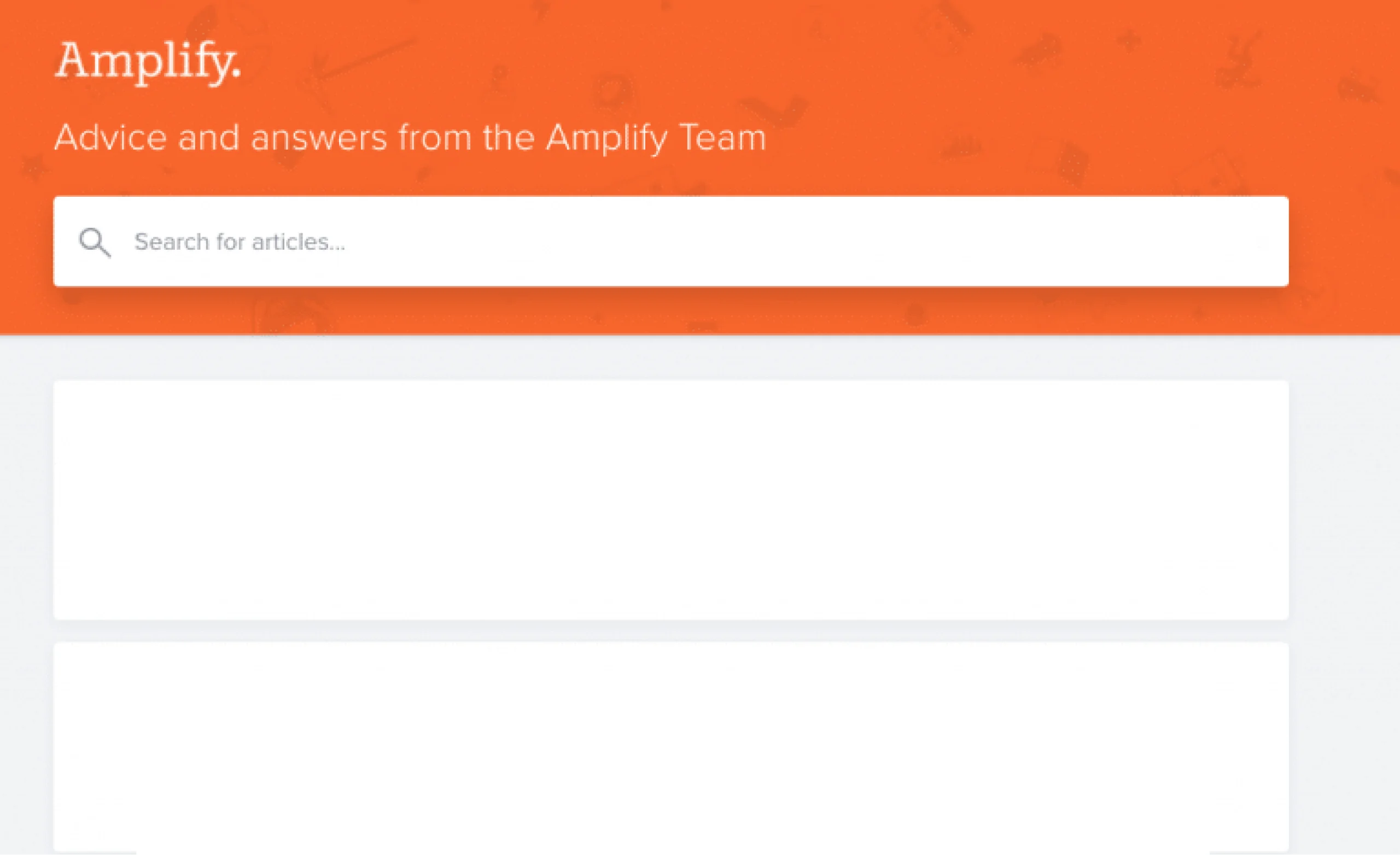 Search page of Amplify's help center with a search bar and orange header.