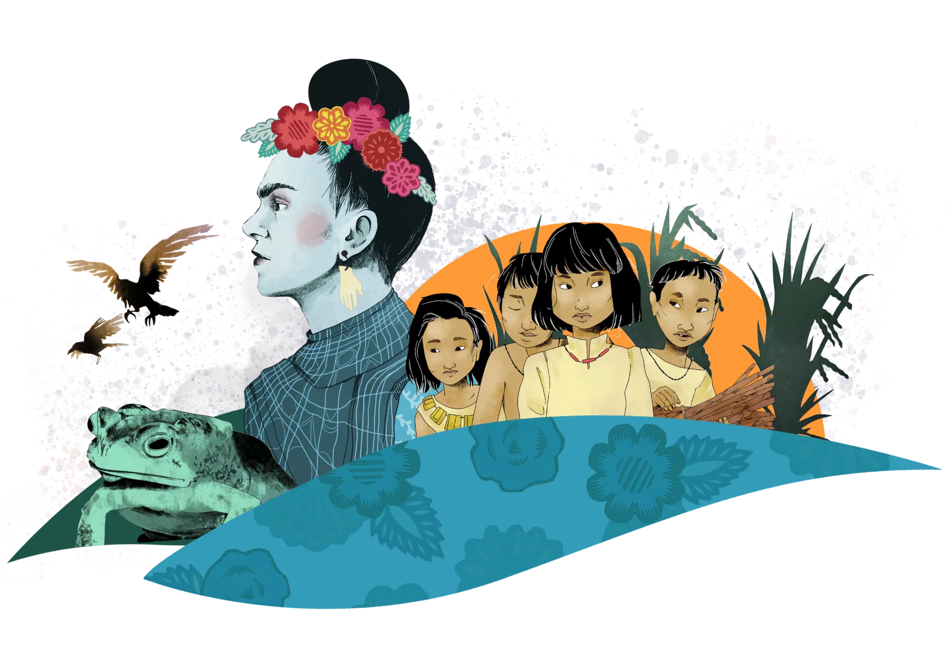 Illustration of a person with flowers in their hair, a frog, birds, and a group of children, with plants and abstract patterns in the background.