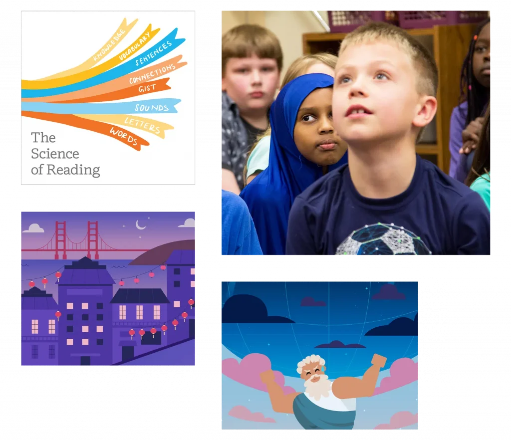Four images: a graphic titled "The Science of Reading," a group of attentive children, an illustrated cityscape with a bridge at night, and a cartoon of a bearded man in clouds.