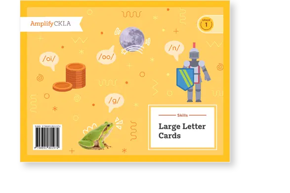 Orange card with "Amplify CKLA Grade 1" and "Skills Large Letter Cards." Features a moon, knight, frog, coins, and phonetic symbols.