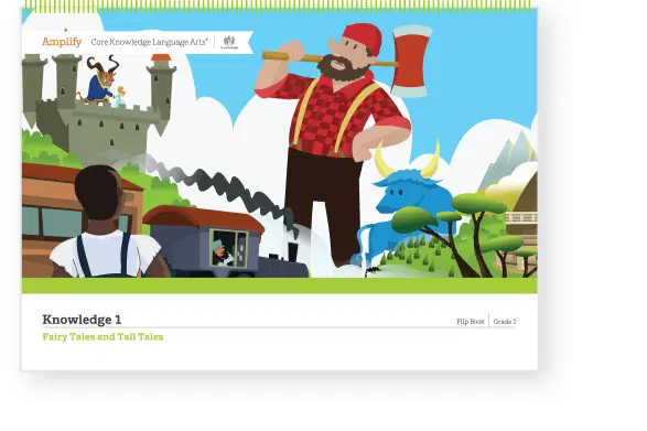 Illustration of a giant lumberjack with an axe, a cow, and people on a castle wall, in a colorful storybook design. Titled "Knowledge 1: Fairy Tales and Tall Tales.