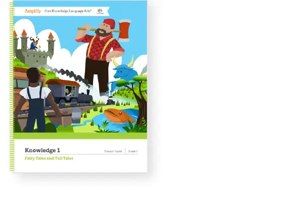 Cover illustration of a book titled "Knowledge 1: Fairy Tales and Tall Tales." Shows a giant lumberjack, castle, fish, and a person facing the scene, surrounded by trees and a river.