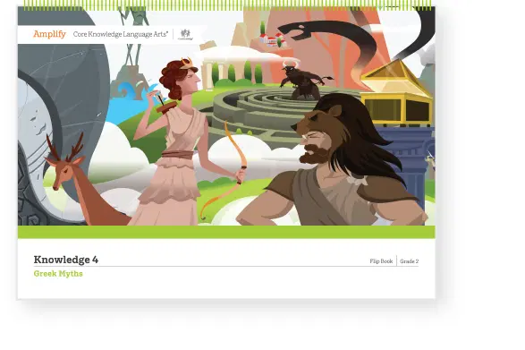 Illustration of Greek mythology featuring Artemis aiming a bow, a Minotaur in a labyrinth, and mythical symbols. Labeled "Knowledge 4 Greek Myths" for a language arts program.