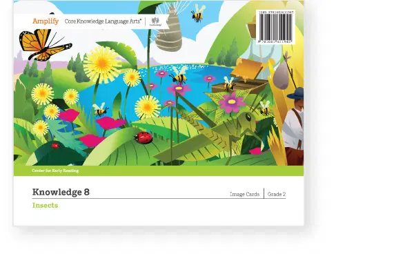 Colorful illustration of a natural scene with insects, flowers, and a pond on a book cover titled "Knowledge 8 Insects" for Grade 2 language arts.