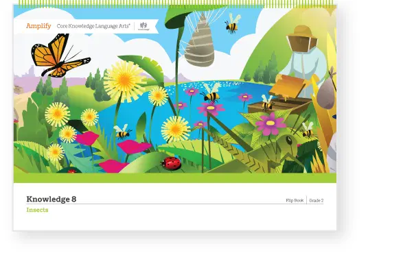 Colorful illustration of a garden with flowers, a beehive, butterflies, bees, and a beekeeper by a pond. The book is titled "Knowledge 8: Insects" for Grade 2 Language Arts.